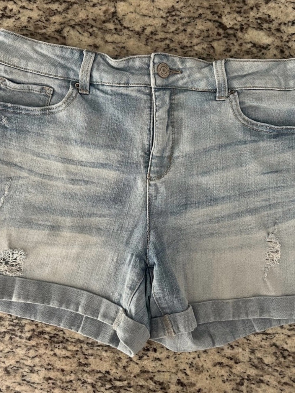 Time and Tru Light Wash Distressed Denim Shorts Size 14 Cuffed Mid Rise